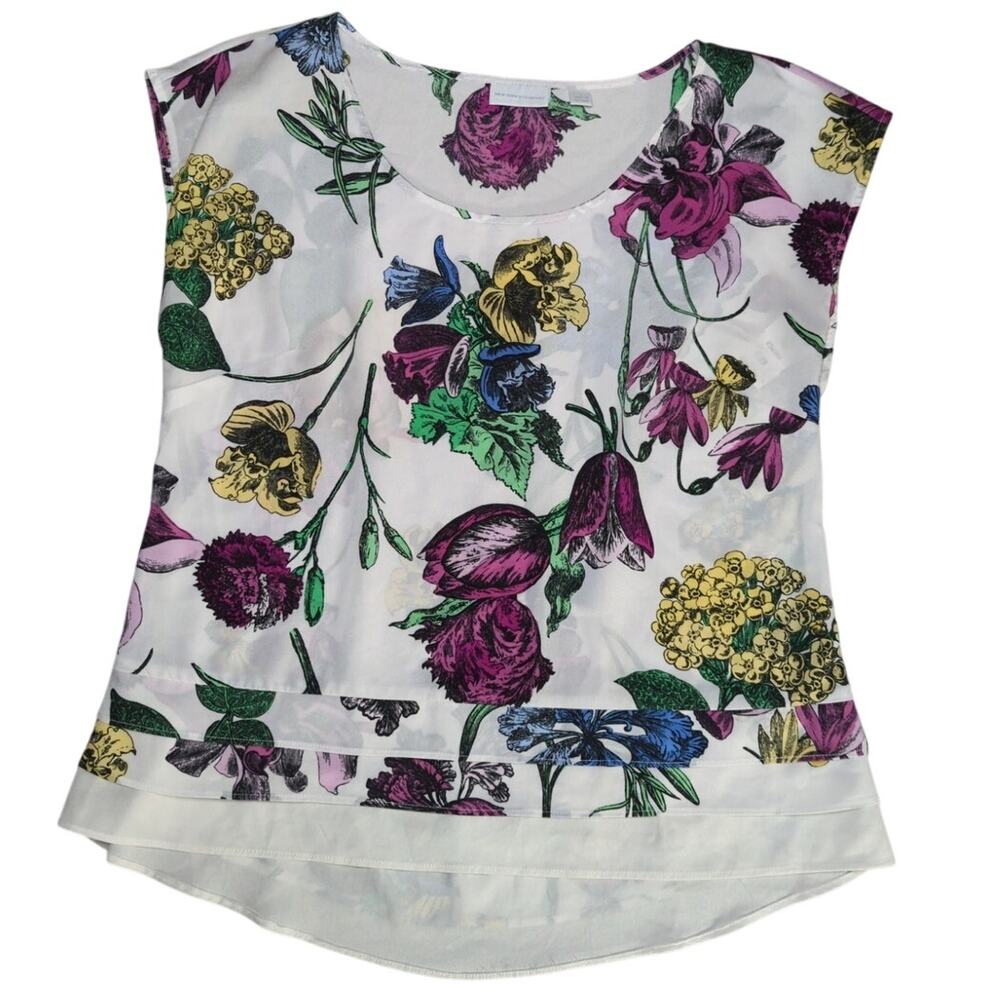 New York & Company Blouse L White Multicolor Floral Print Layered Hem Womens
